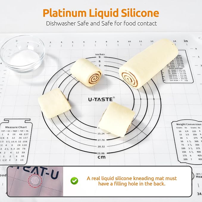 U-Taste Liquid Silicone Pastry Mat: 16"x20" Food-Grade Non-Stick Dough Rolling Baking Sheet, Non Slip for Kneading Prep Pizza, Fondant, Pie Crust with Clear Measurement and Raised Edges (Transparent)