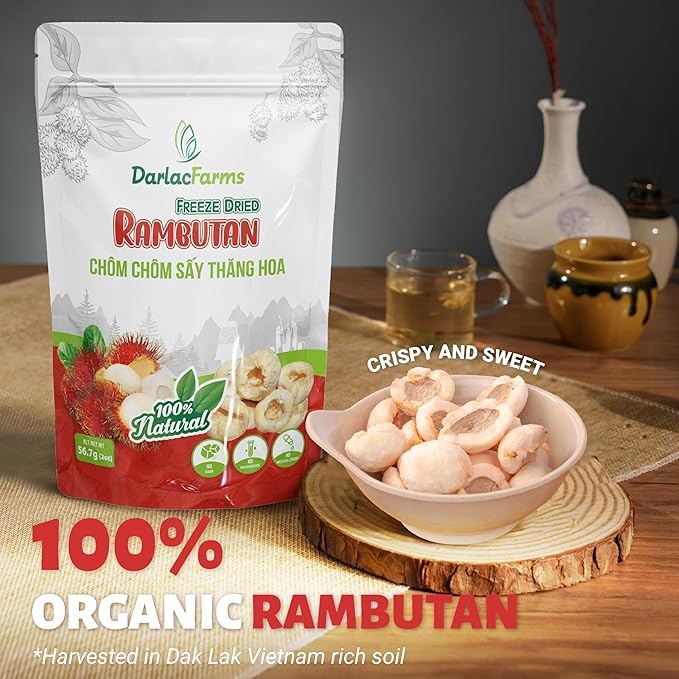 DARLAC FARMS Freeze Dried Rambutan Bites, Pack 1, No Sugar Added, Healthy Fruit Snacks for Kids, Adults & All Ages, Premium Organic Crispy Crunchy Snacks, Tea, Baking, Smoothie, Yogurt, 2 Oz