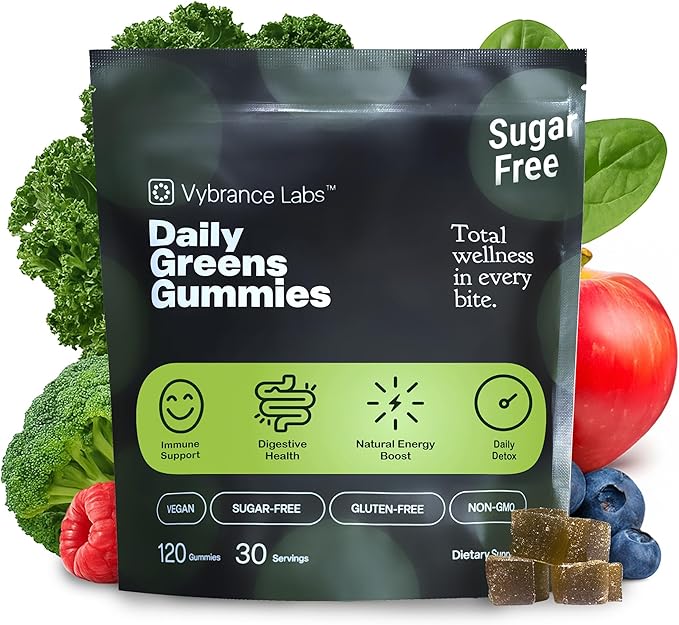 Daily Greens Gummies – 20+ Organic Greens & Fruits Blend (8.2g) + Prebiotic Fiber – Sugar-Free, Vegan, Gluten-Free – Mixed Berry – 120 Count (30 Servings) – Digestive Support, Energy & Immune Support