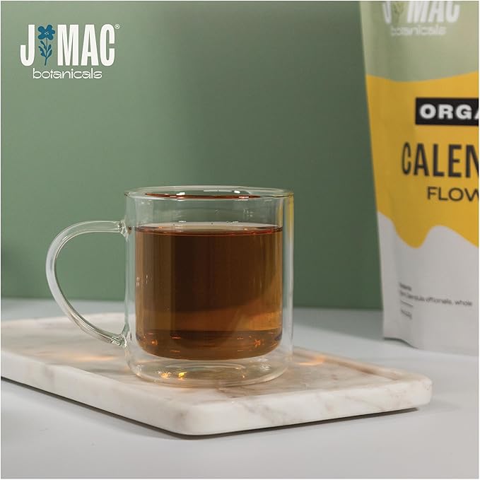 J Mac Botanicals, Organic Calendula Flower (16 ounce), whole dried flowers and petals, loose leaf tea, marigold flower, USDA Certified Organic. Great for loose leaf teas, cocktail bombs, salve