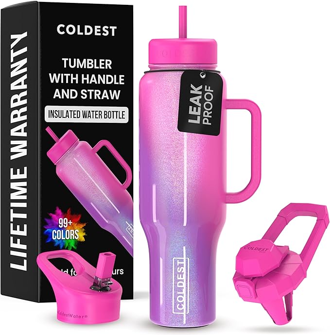 Coldest 40 oz Tumbler with Handle and Straw, 100% Leak Proof Insulated Tumbler with Lid and Straw (3 Lids), Stainless Steel Tumblers for Women & Men, Cup Holder Friendly, 46 oz (Mulberry Dream)