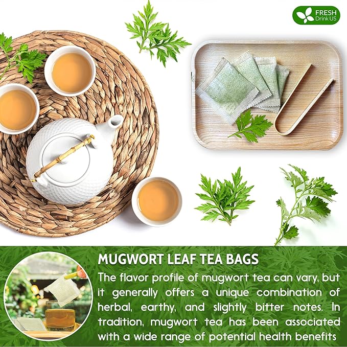 FreshDrinkUS, Premium 60 Mugwort Leaf Tea Bags, 100% Natural and Pure Mugwort Leaves. Loose Leaf Mugwort Herbal Tea. Mugwort Leaf Tea. No Sugar, No Caffeine, No Gluten, Vegan.