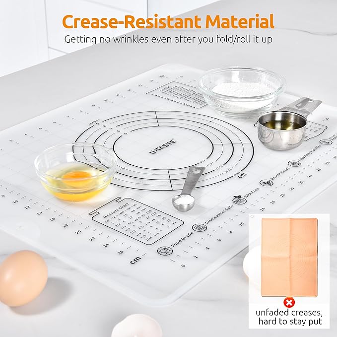 U-Taste Liquid Silicone Pastry Mat: 16"x20" Food-Grade Non-Stick Dough Rolling Baking Sheet, Non Slip for Kneading Prep Pizza, Fondant, Pie Crust with Clear Measurement and Raised Edges (Transparent)
