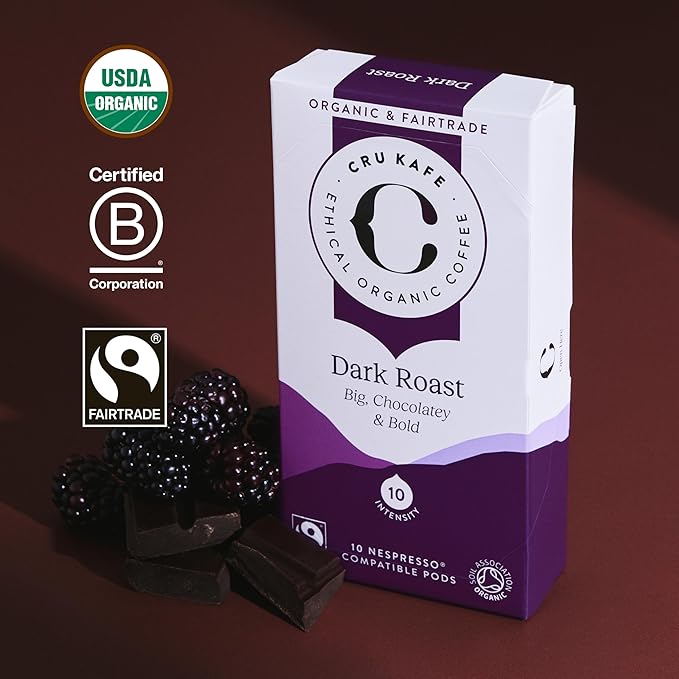 Cru Kafe Dark Roast USDA Organic Espresso Coffee Capsules (50 Pods) Fairtrade Coffee Pods Compatible with Nespresso Original Line and Pixie Machines