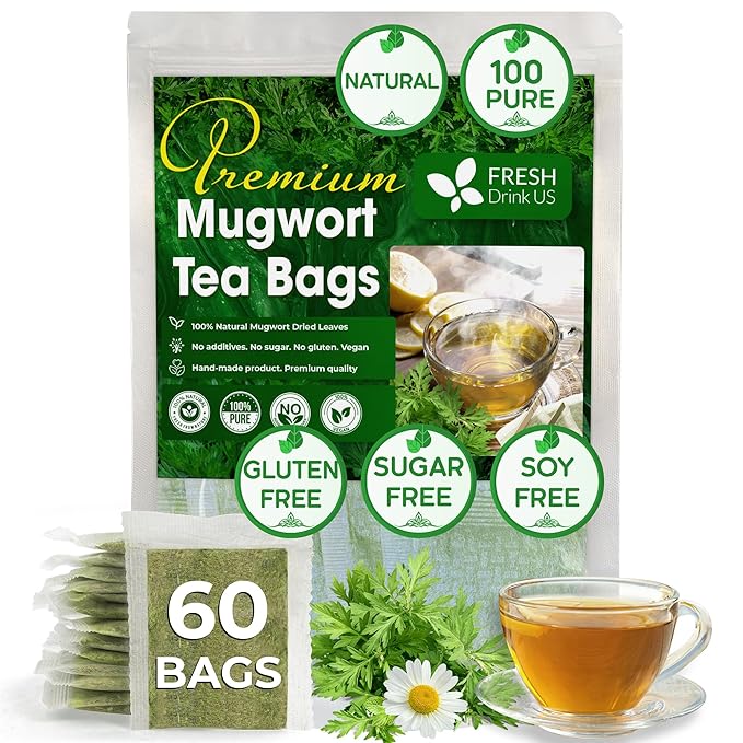 FreshDrinkUS, Premium 60 Mugwort Leaf Tea Bags, 100% Natural and Pure Mugwort Leaves. Loose Leaf Mugwort Herbal Tea. Mugwort Leaf Tea. No Sugar, No Caffeine, No Gluten, Vegan.