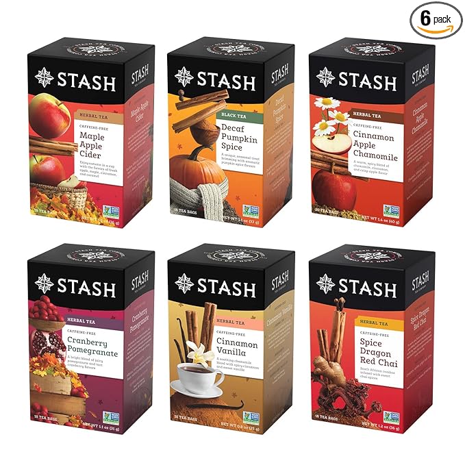 Stash Tea Fall for Autumn 6 Flavor Tea Sampler, 6 Boxes With 20 Tea Bags Each (120 Tea Bags Total)