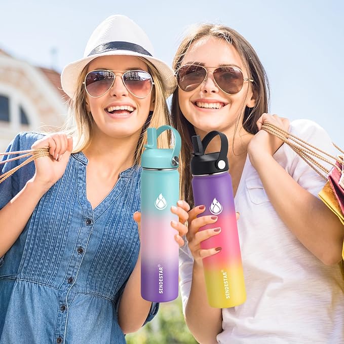 SENDESTAR Water Bottle 40oz Double Wall Vacuum Insulated Leak Proof Stainless Steel Sports Water Bottle—Wide Mouth with New Flex Straw Lid & Spout Lid (Hydrangea)
