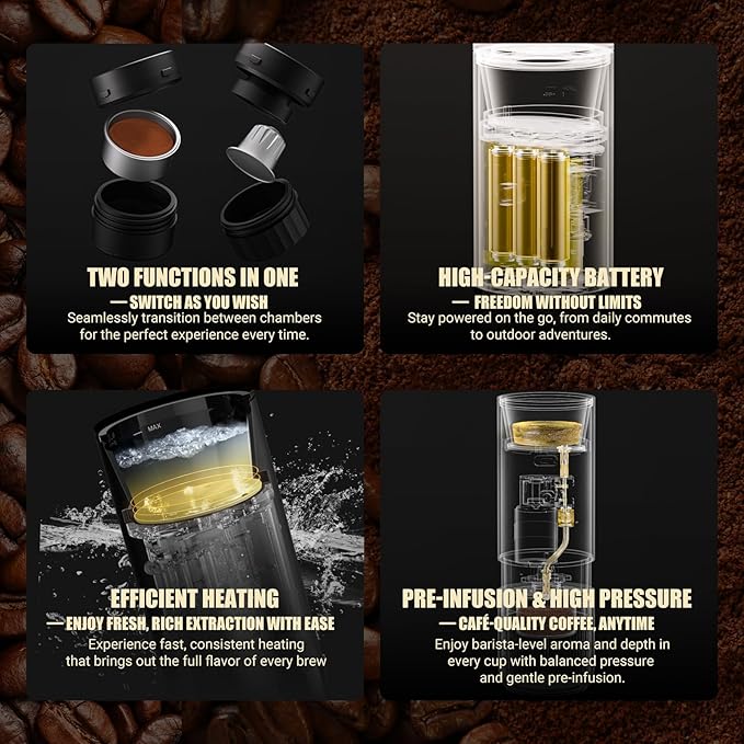 Nuttii E-Coffee Portable Espresso Machine, 20 Bar Self-Heating Travel Coffee Maker, Precise Pressure Control for Golden Extraction, Supports Ground & Capsule Coffee for RV, Camping & Office (Black)