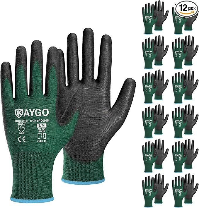 KAYGO Safety Work Gloves PU Coated,12 Pairs KG11PB Seamless Knit Glove for Men and Women, with Smooth Grip on Palm and Fingers, Ideal for General Duty Work (Medium,Dark Green)