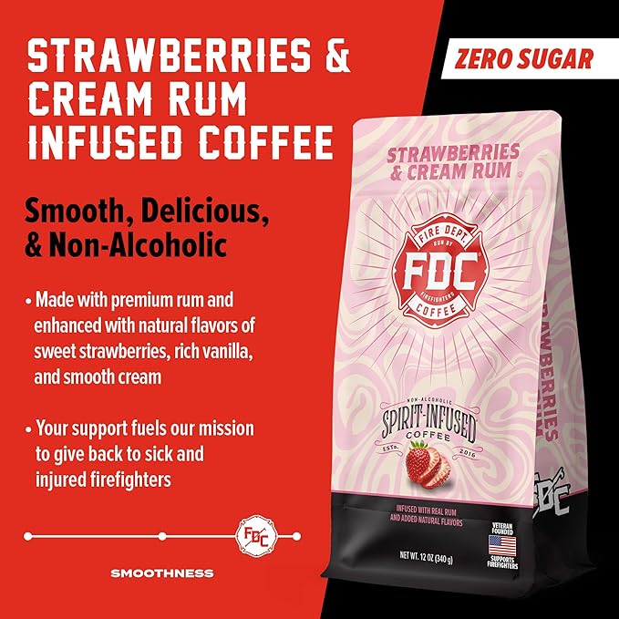 Fire Department Coffee - Gives Back to Firefighters - Strawberries & Cream Rum Infused Whole Bean Coffee - Medium Roast - Non-Alcoholic - Roasted in the USA - Veteran Owned - 12 oz