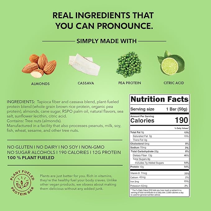 TRUBAR Vegan Protein Bar, Whipped for Key Lime, Gluten Free, Plant Based, High Fiber, Dairy Free, Low Fat, Non GMO, No Sugar Alcohols, 12G Lean Protein, 13G Fiber, Healthy Snack Bars, 12 CT