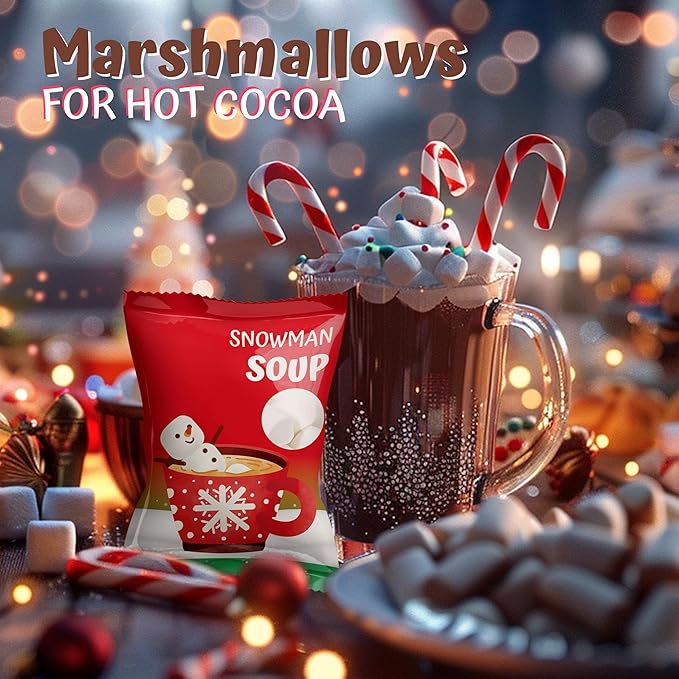 4E's Novelty 50 Packs "Snowman Soup" Mini Marshmallow Packets, Vanilla Flavored, 14 Marshmallows in Each Bag, Bulk Individually Wrapped Christmas Marshmallows For Hot Chocolate Bar Supplies Party Treats