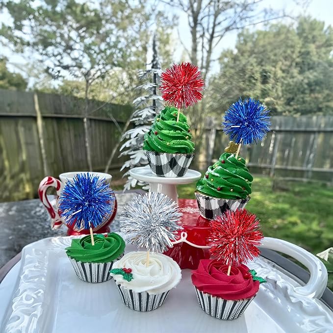 Gyufise 30Pcs Foil Firework Cupcake Toppers Sparkle Tinsel Cake Toppers Tinsel Drink Cake Decoration Cocktail Picks for Birthday Wedding Graduation Party Supplies Silver Dark Blue Red