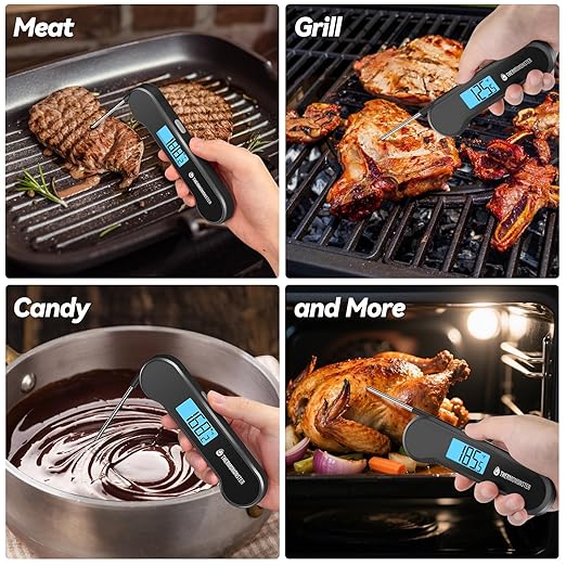 0.5 Sec Instant Read Meat Thermometer Digital with ±0.5℉ Precision, 100% Waterproof Auto Flip Bright LCD Screen, Motion Sensing Food Thermometer for Cooking Kitchen Oven Grill Candy BBQ, Black