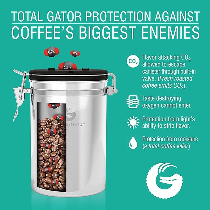 Coffee Gator Coffee Canister, 2pack 16oz Airtight Stainless Steel Kitchen Food Storage Container with Date Tracker, Scoop for Grounds Coffee Bar Accessories, Beans, Tea, Sugar, Flour - Gray&Silver