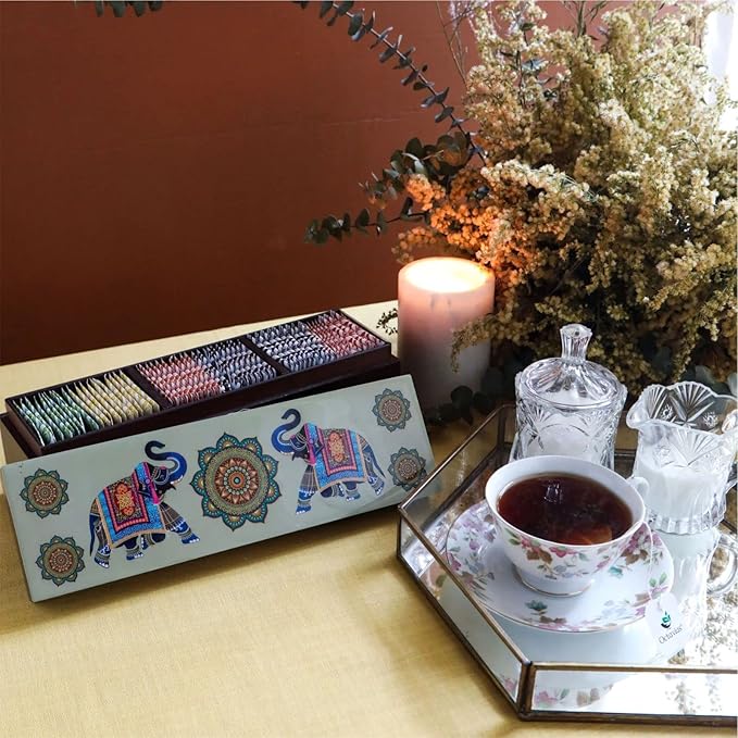 Octavius Gift's Select - Assorted Tea in Elephant Printed Wooden Box | 6 Flavors Black & Green, 60 Tea Bags | | Tea Gifts for Teas Lovers