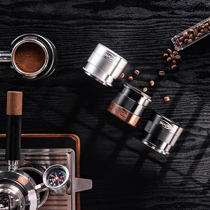 IKAPE Coffee Products, 58MM Espresso Tamper, Premium Barista Coffee Calibrated Tamper with Spring Loaded, 100% Stainless Steel Tamper Compatible with All 58MM Bottomless Portafilter (Black)