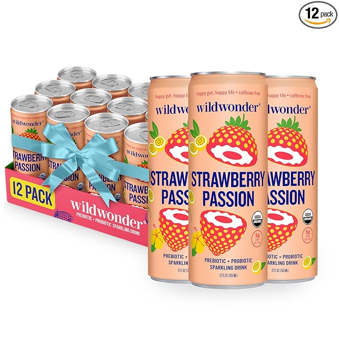 wildwonder Sparkling Probiotic Drink 12pk, For Gut Health & Immune Support, Strawberry Passion, 5g Prebiotic Fiber, Live Probiotics, Organic, Vegan, Low Sugar, 12 Pack, 12oz Can, As Seen on Shark Tank