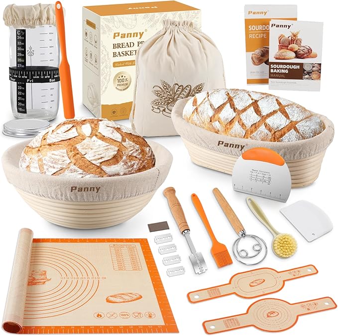Panny Sourdough Starter Kit, Banneton Bread Proofing Basket with Glass Sour Dough Starter Jar, Sourdough Bread Baking Supplies, Making Tools, 9" Round & 10" Oval Baskets, Christmas Gift for Men Women