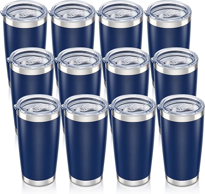 20 oz Tumbler with Lid Stainless Steel Insulated Tumblers Bulk Double Wall Vacuum Cups Powder Coated Travel Mug Keep Drinks Cold and Hot, Navy, 12 Pack