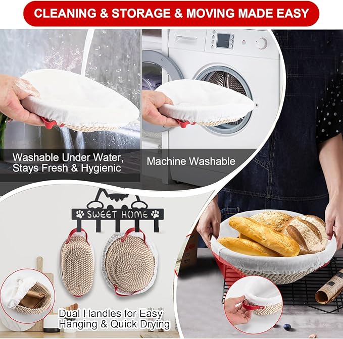 Banneton Bread Proofing Basket & Silicone Baking Mat Set, Oval & Round Sourdough Bread Baking Supplies Proofing Bowls with Liner & Cover Cotton Rope Sourdough Banneton Basket for Bread Making (Khaki)