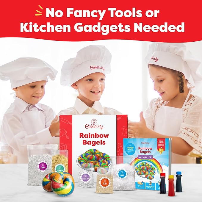 Baketivity Rainbow Bagel Kids Baking Kit - Baking Kits for Kids with Premeasured Ingredients, Step-By-Step Instructions, Video Guide, and STEM Lessons - Kids Cooking Kit for Ages 6-12+
