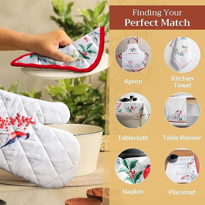 Maison d' Hermine 100% Cotton Oven Mitt & Pot Holder Set (7.5"x13" & 8"x8") Heat Resistant BBQ Cooking Gloves with Loop, Baking, Grilling, Kitchen, Handling Hot Pans (Morzine)