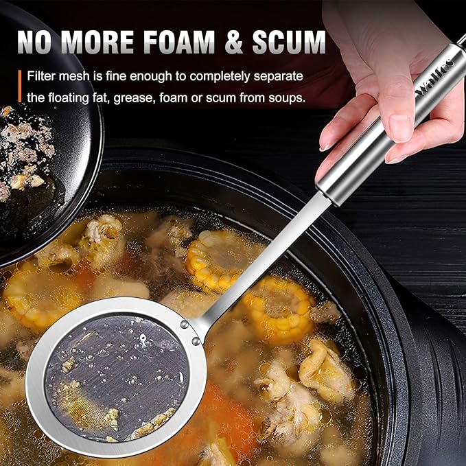 Walfos Fine Mesh Strainer and Fat Skimmer Spoon Set, Multipurpose Metal Strainers for Kitchen, Rice, Quinoa, Food, 304 Stainless Steel Fat Skimmer For Cooking, Fat, Grease, Floating Foam, 5 Pack