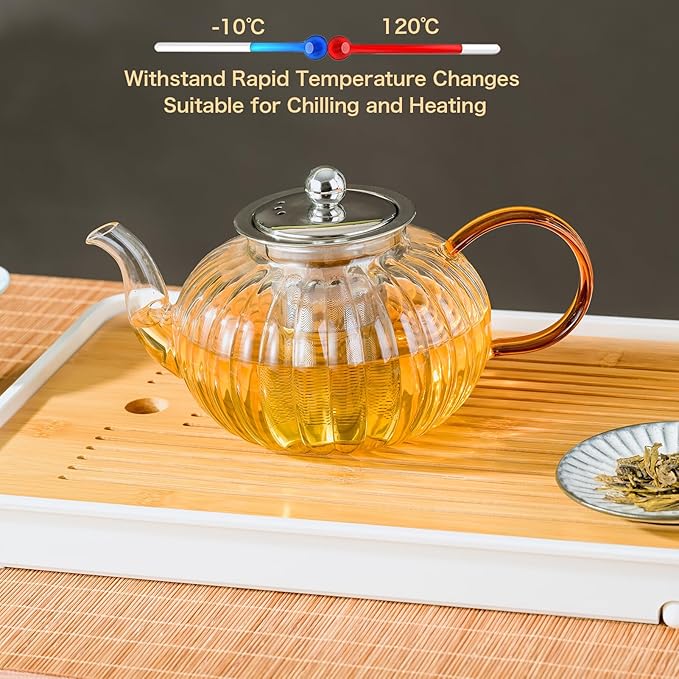 Glass Teapot 33.8oz/1000ml, Glass Tea Kettle with Removable Infuser, Pumpkin Shape Hand Blown Teapot for Blooming Flower Tea and Loose Leaf, Tea Lover's Choice