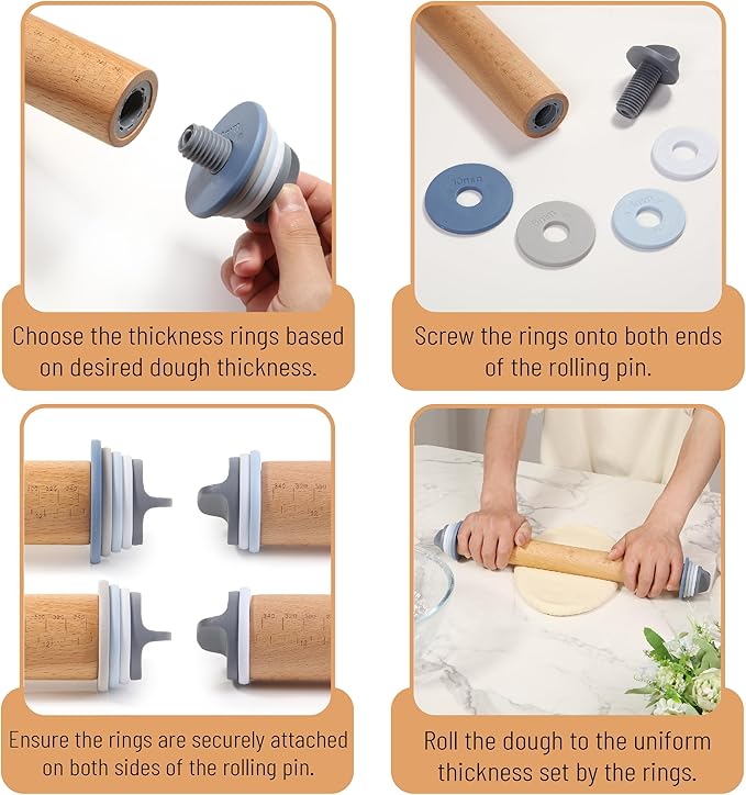 Bamboo Land- Adjustable Rolling Pin with Thickness Rings for Baking, 13.8", 4 Pastel Colored Thickness Rings (2-10 mm or 1/16"-3/8"), Wood Rolling Pins for Baking, Bread, Pizza & Cookie Doughs