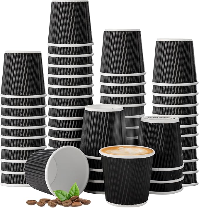 200 Pcs 4oz Paper Espresso Cups Ripple Wall Hot Cups For Coffee Disposable Coffee Cup Paper Hot/Cold Drinking Cups for Party, Picnic, Travel and Events (Black)