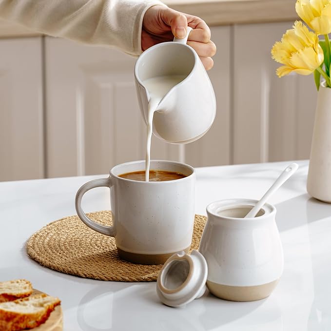 famiware Milkyway Ceramic Sugar and Creamer Set, 10oz Sugar Bowl & 13oz Creamer Set – Stoneware Milk Pitcher & Sugar Dispenser for Coffee Bar, Kitchen, or Countertop, Coffee Serving Set, White