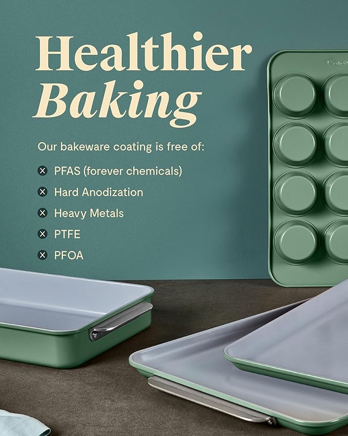 Caraway Nonstick Ceramic Bakeware Set (5 Pieces) - Baking Sheets, Assorted Baking Pans & Storage - Aluminized Steel Body - Non Toxic, PTFE & PFOA Free - White