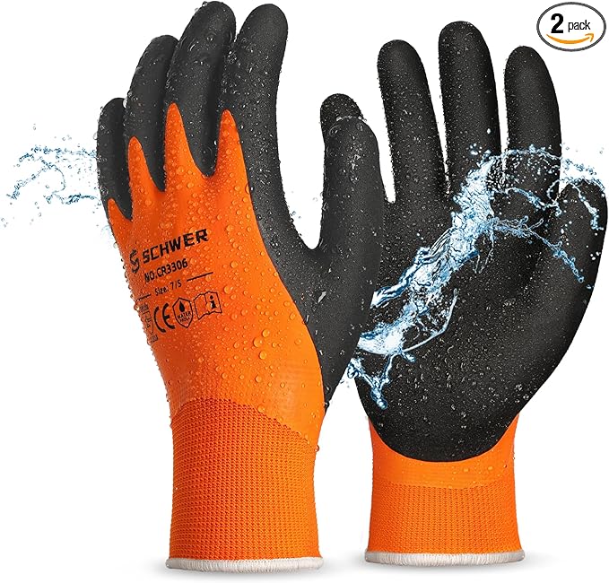 Schwer 2 Pairs Waterproof Work Gloves for Men and Women CR3306, Gardening Gloves with Double Latex Coated, Non-slip Working Gloves for Garden, Outdoor Construction, Car and Fish Cleaning, XL