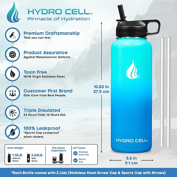 HYDRO CELL Stainless Steel Insulated Water Bottle with Straw - For Cold & Hot Drinks - Metal Vacuum Flask with Screw Cap and Modern Leakproof Sport Thermos for Adults (Teal/Blue 40oz)