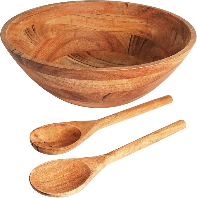 Luxe Designs Wooden Salad Bowl Set - Food Safe & Sustainable Decorative Bowl - Wood Bowl for Fruits, & Salads - Easy to Clean Large Salad Bowls Set w/Spoon, Fork – Wooden Bowls for Food (Natural)