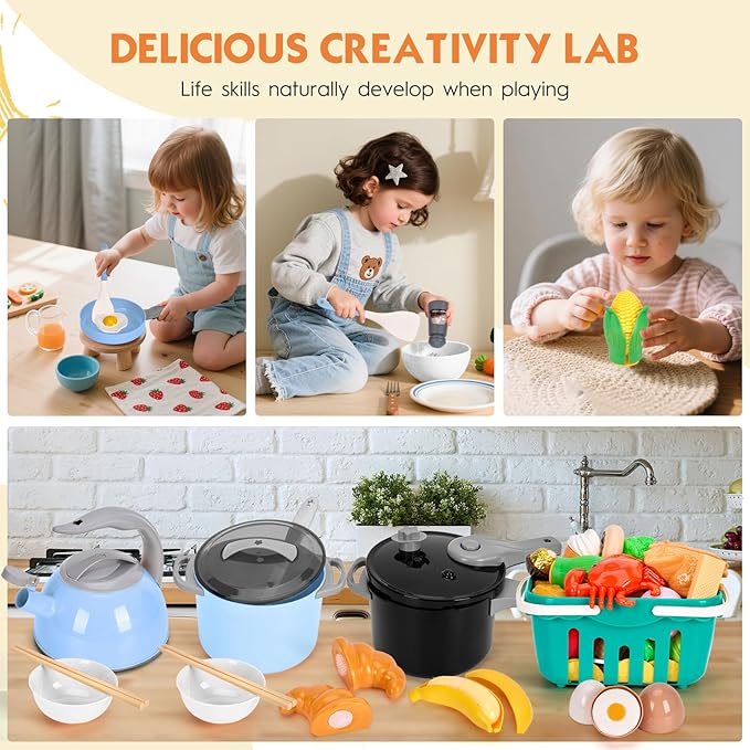 130Pcs Kitchen Playset, Toddler Pretend Cooking Play Pots, Pans, Utensils Cookware, Daily Food Fruit Veges, Shopping Storage Basket, Dessert, Prop Money, Learning Gift for Child (Blue)