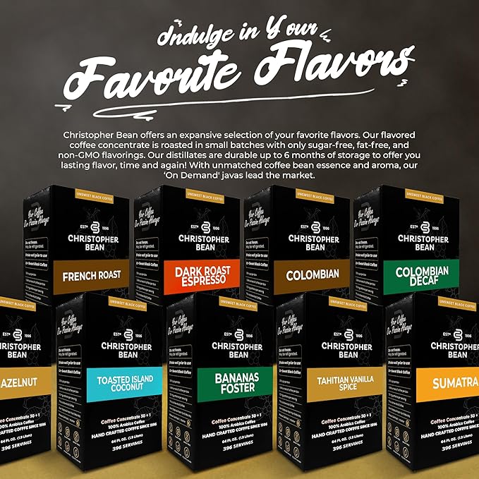 Christopher Bean Coffee - 396 servings, 30 to 1 Blend Bag in Box Liquid Instant Coffee or Cold Brew Coffee Concentrate - Hot or Iced Coffee - Decaf Colombian