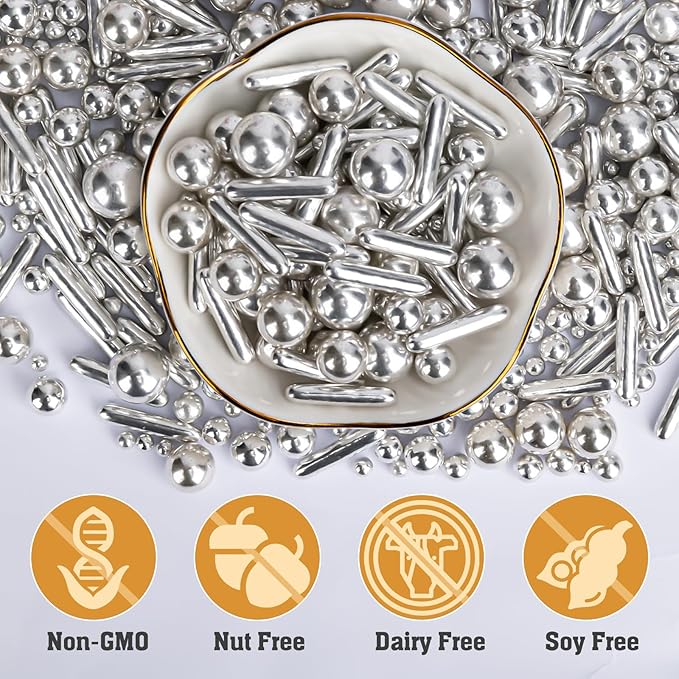 Silver Pearl Rods Sprinkles, Twisweet Edible Sugar Sprinkles for Cake Decorating Mix Size Candy Pearls for Baking Cake Topper Ice Cream Cupcake Cookie Dessert Decorations, Wedding Day Valentines Birthday Party Christmas Easter Supplies (130g/4.58oz)