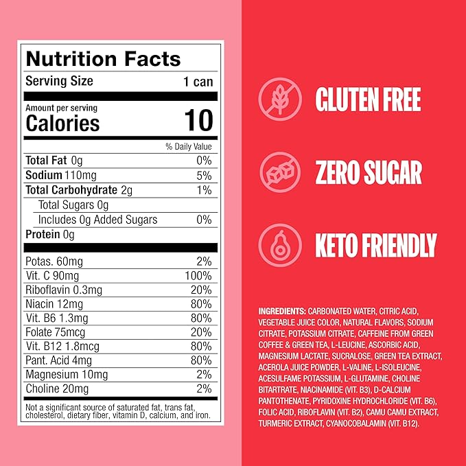 ZOA Zero Sugar Energy Drinks, Strawberry Watermelon - Sugar Free with Electrolytes, Healthy Vitamin C, Amino Acids, Essential B-Vitamins, and Caffeine from Green Tea - 12 Fl Oz (12-Pack)