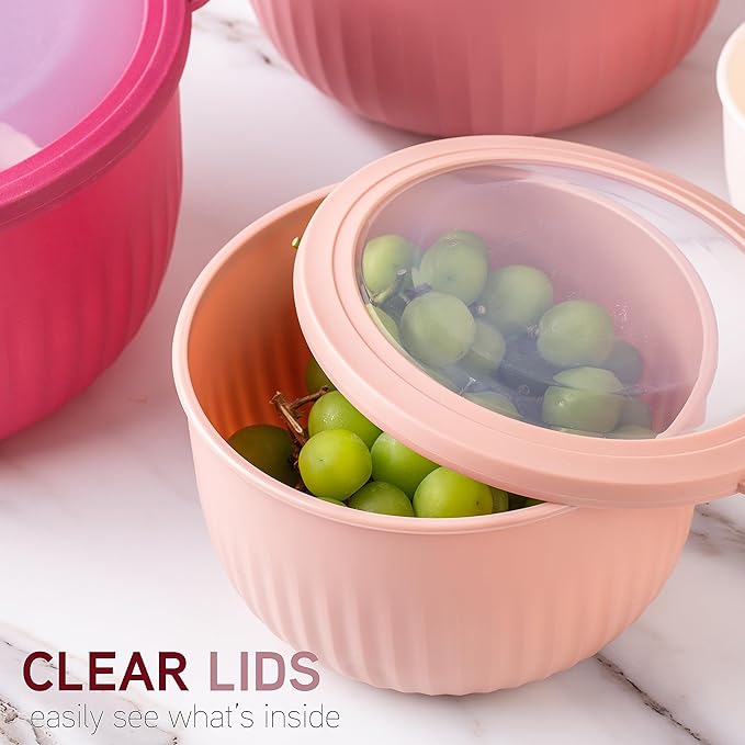 COOK WITH COLOR Prep Bowls with Lids- Wide and Deep Nesting Plastic Small Mixing Bowl Set with Lids, 12 Piece Set - Deep Bowls, Rose