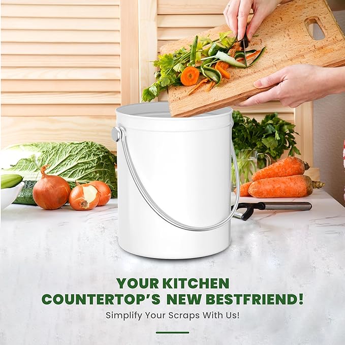 Utopia Kitchen Compost Bin for Kitchen Countertop, 1.3 Gallon Compost Bucket for Kitchen with Lid, Includes 1 Spare Charcoal Filter (White)