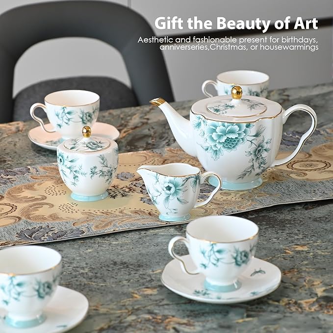 ACMLIFE Bone China Tea Cups and Saucers for 1, 6.8 oz Teacup Set for Adults, with Gold Trim and Gift Box, Blue and White Chinese English British Wedding Tea Set for One Coffee Cup Set (Blue-Leaf)