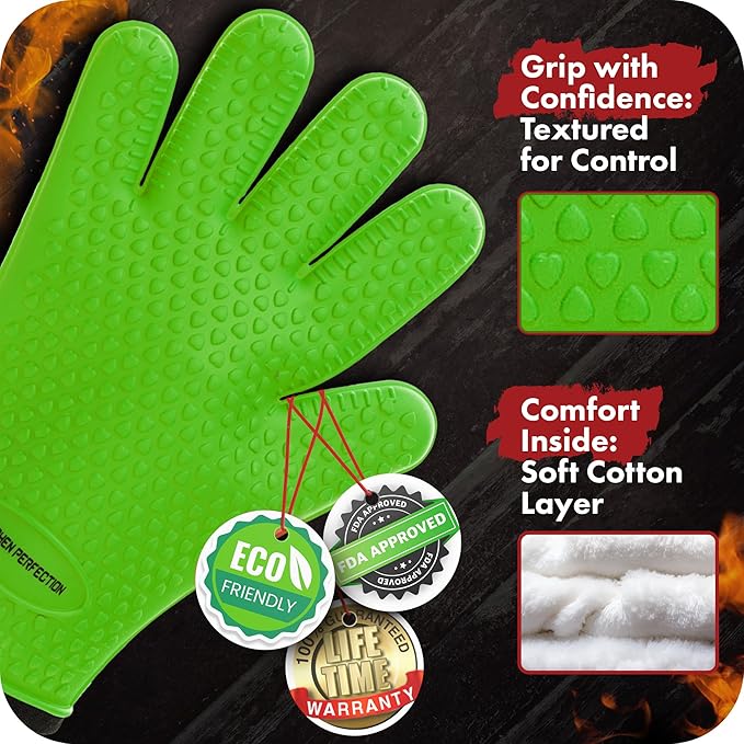 KITCHEN PERFECTION XL Silicone Smoker Oven Gloves-Extreme Heat Resistant BBQ Gloves-Handle Hot Food Right on Your Grill Fryer&Pit|Waterproof Grilling Cooking Baking Mitts|Superior Value Set+3 Bonuses