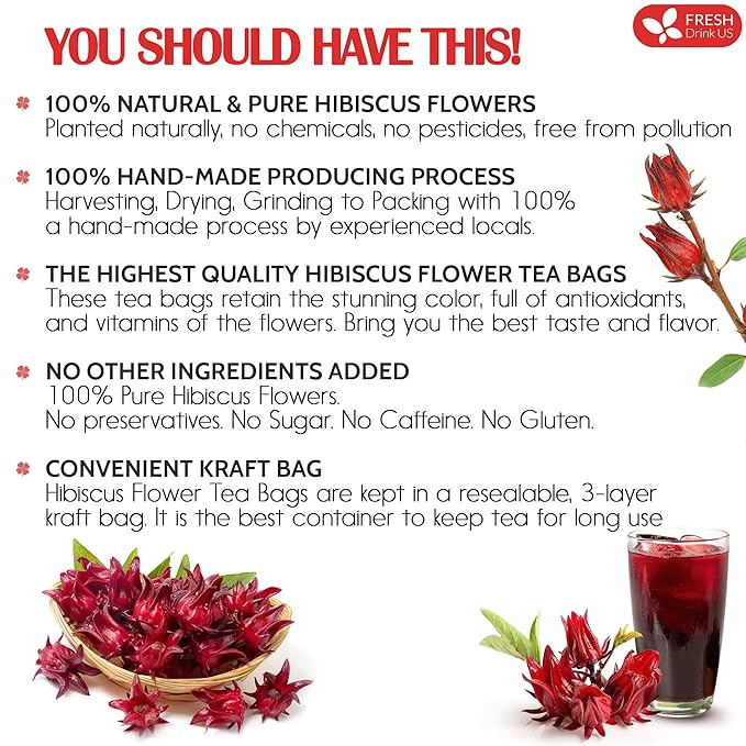 FreshDrinkUS, Premium 115 Hibiscus Flowers Tea Bags, 100% Natural & Pure. Loose Flower Hibiscus Herbal Tea. No Sugar, No Caffeine, No Gluten, Vegan.