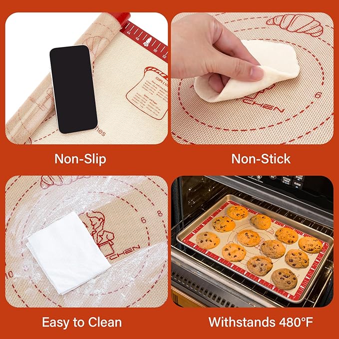 Non-Slip Silicone Baking Mat - 20x28 inch Extra Thick Pastry Mat with Measurements for Sourdough, Macarons, Bread, Pizza, Dough Rolling, Kneading, Oven Mat Heat Resistant to 480°F Gift for Baker