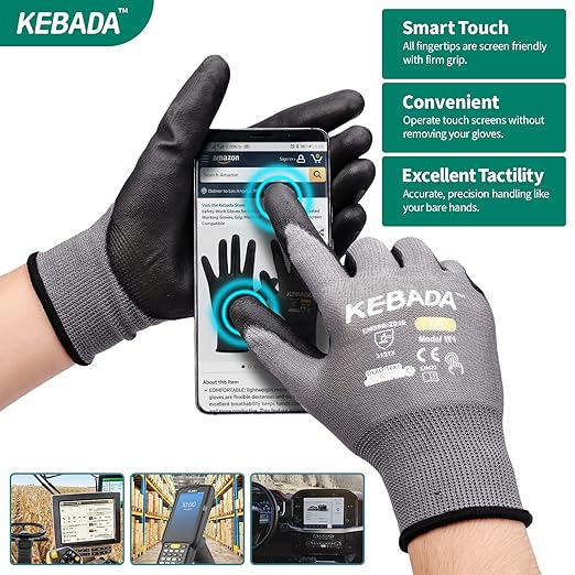 Kebada W1 Work Gloves for Men and Women, PU Coated Safety Gloves with Grip, Touchscreen, Ideal for Warehouse Package Handling, Construction, Gardening, 12 Pairs Gray XXL
