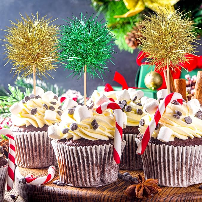 Chinco 100 Pcs Foil Firework Cupcake Toppers Sparkle Tinsel Cake Toppers Cake Decoration Cocktail Fruit Toothpick for Birthday Wedding Graduation Party(Green, Gold)