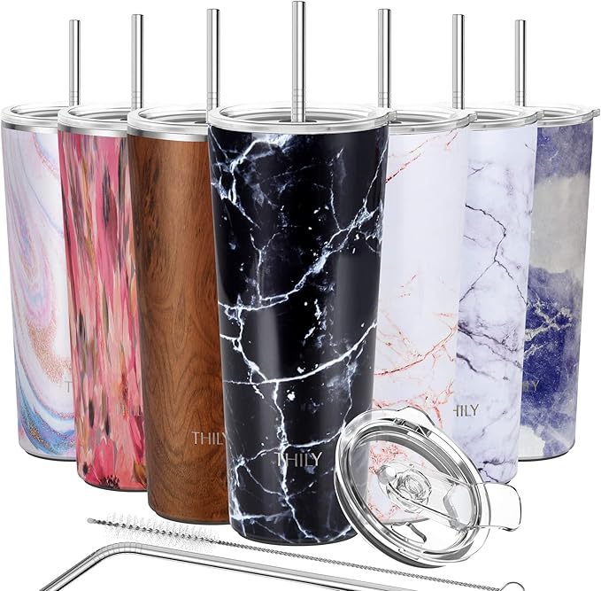 THILY Stainless Steel Vacuum Insulated Tumbler Travel Mug 26 oz Coffee Cup with 2 Lids and Straws, Splash Proof, Keep Ice Drinks Cold, Black Marble