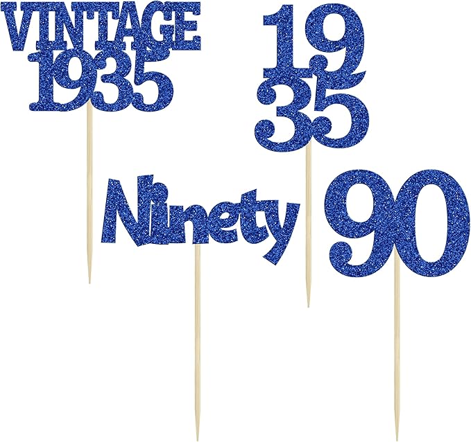 Gyufise 24Pcs Vintage 1935 Cupcake Toppers Glitter Cheers to 90 Fabulous Ninety Cupcake Picks 90th Birthday Wedding Anniversary Party Cake Decorations Supplies Deep Blue